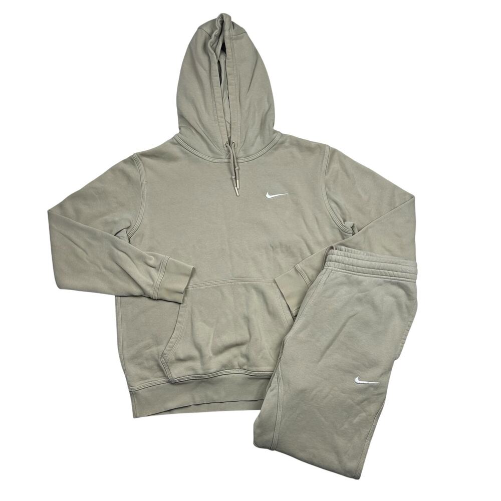 Nike Mens Medium Fleece Hoodie Sweatpants Set Taupe Beige Swoosh Tracksuit